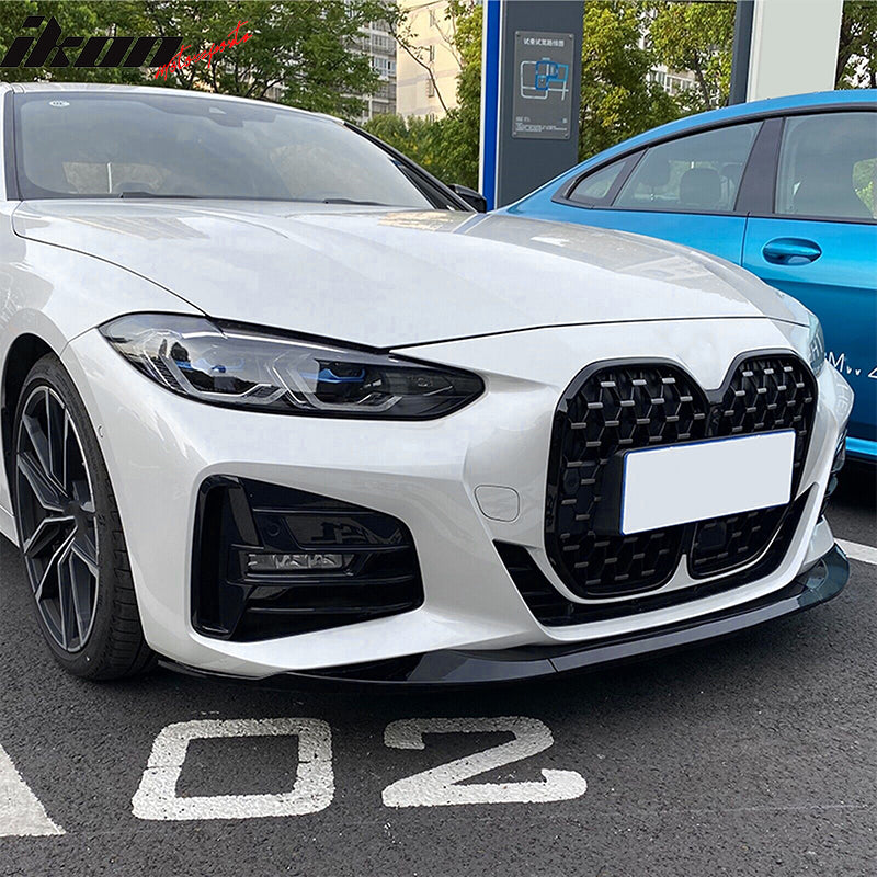 IKON MOTORSPORTS, Front Bumper Lip Compatible With 2021-2025 BMW G22 G23 4-Series 430i M440i, Gloss Black M-Performance Style Front Lower Lip Spoiler Splitters Added on Bodykit Replacement, 2022