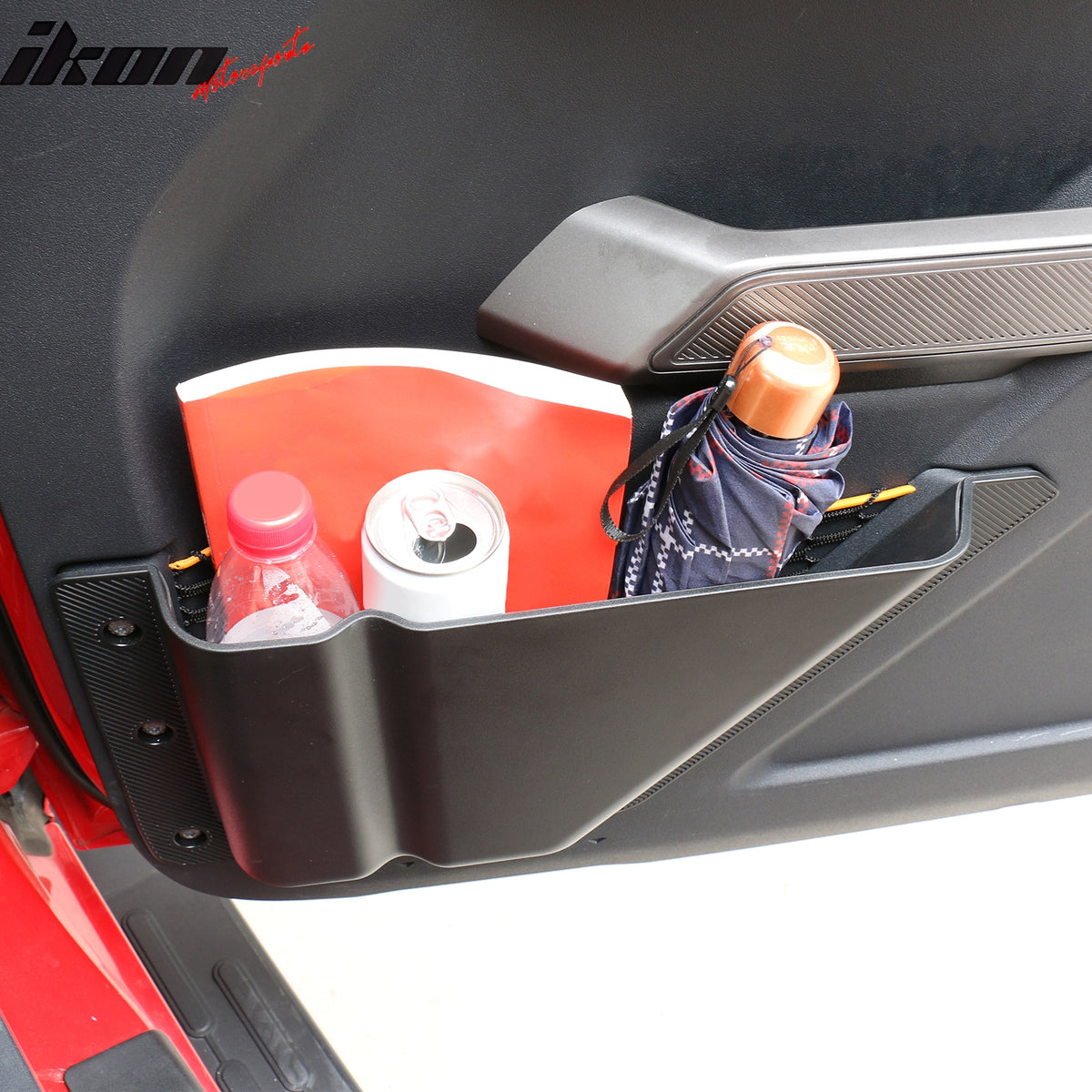 IKON MOTORSPORTS, Front Door Storage Box Compatible With 2021-2025 Ford Bronco 2/4 Door, Black TPE+ABS Interior Front Car Organizer Storage Pocket Box Accessories 2PCS