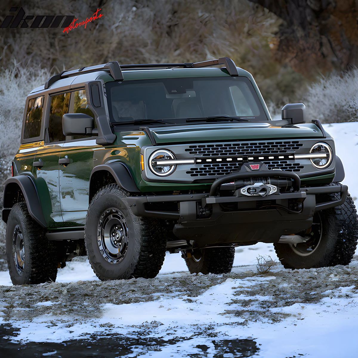 IKON MOTORSPORTS, Front Grille Lights Compatible With 2021-2025 Ford Bronco Except Raptor Models, Black Zebra Crossing Style Front Bumper Grille Strip Dynamic Light Lamps, 2022