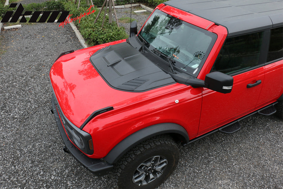 IKON MOTORSPORTS, Hood Bonnet Cover Compatible With 2021-2025 Ford Bronco Except Raptor Models, Sanded Black ABS Plastic Bonnet Hood Engine Lid Cover Bodykits Replacement, 2022