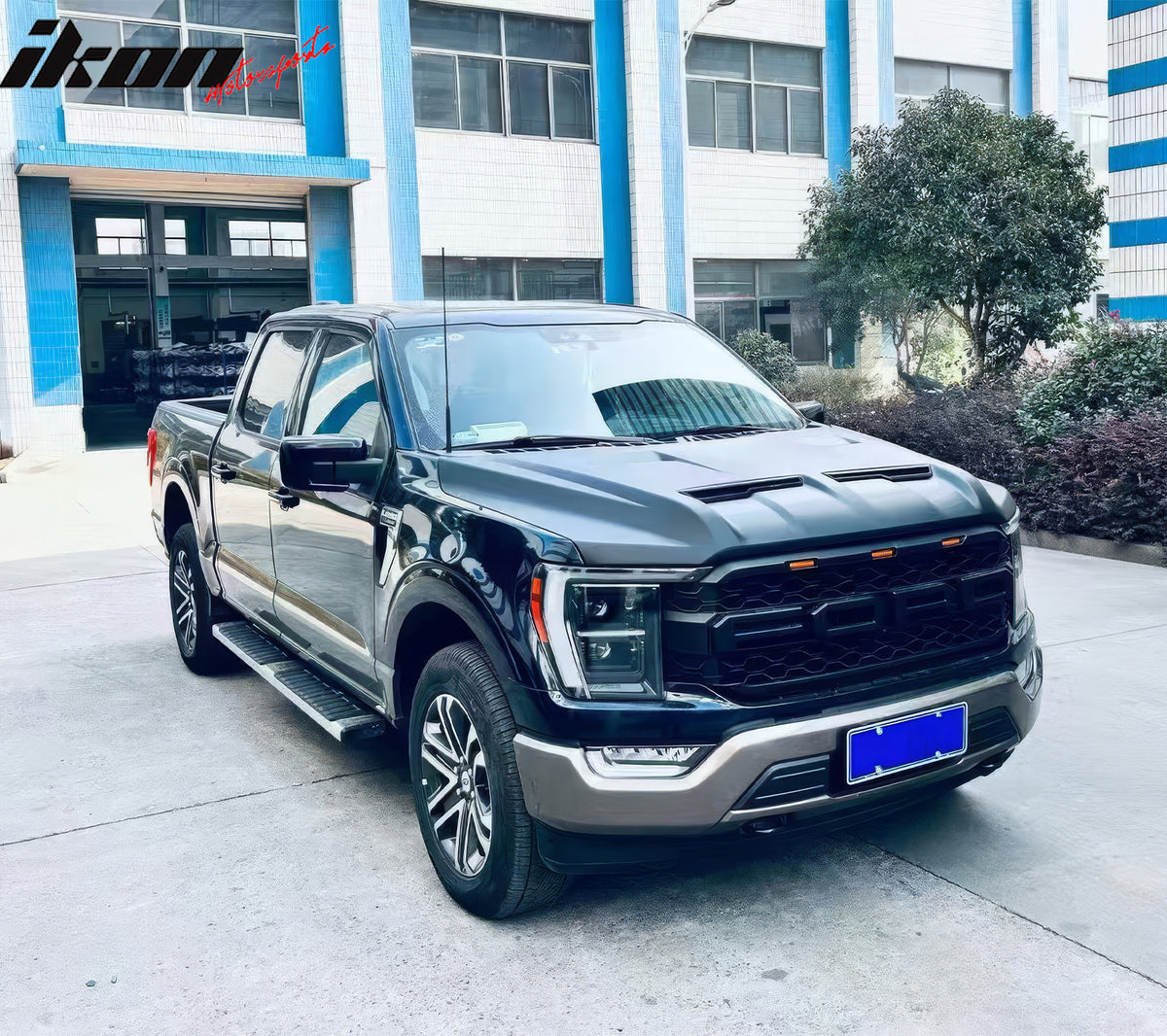 IKON MOTORSPORTS Hood Panel, Compatible with 2021-2025 Ford F-150, Shelby Super Snake Style Aluminum Black Engine Front Bumper Hood Engine Bonnet Cover (with Heat Extractor Ram Air)