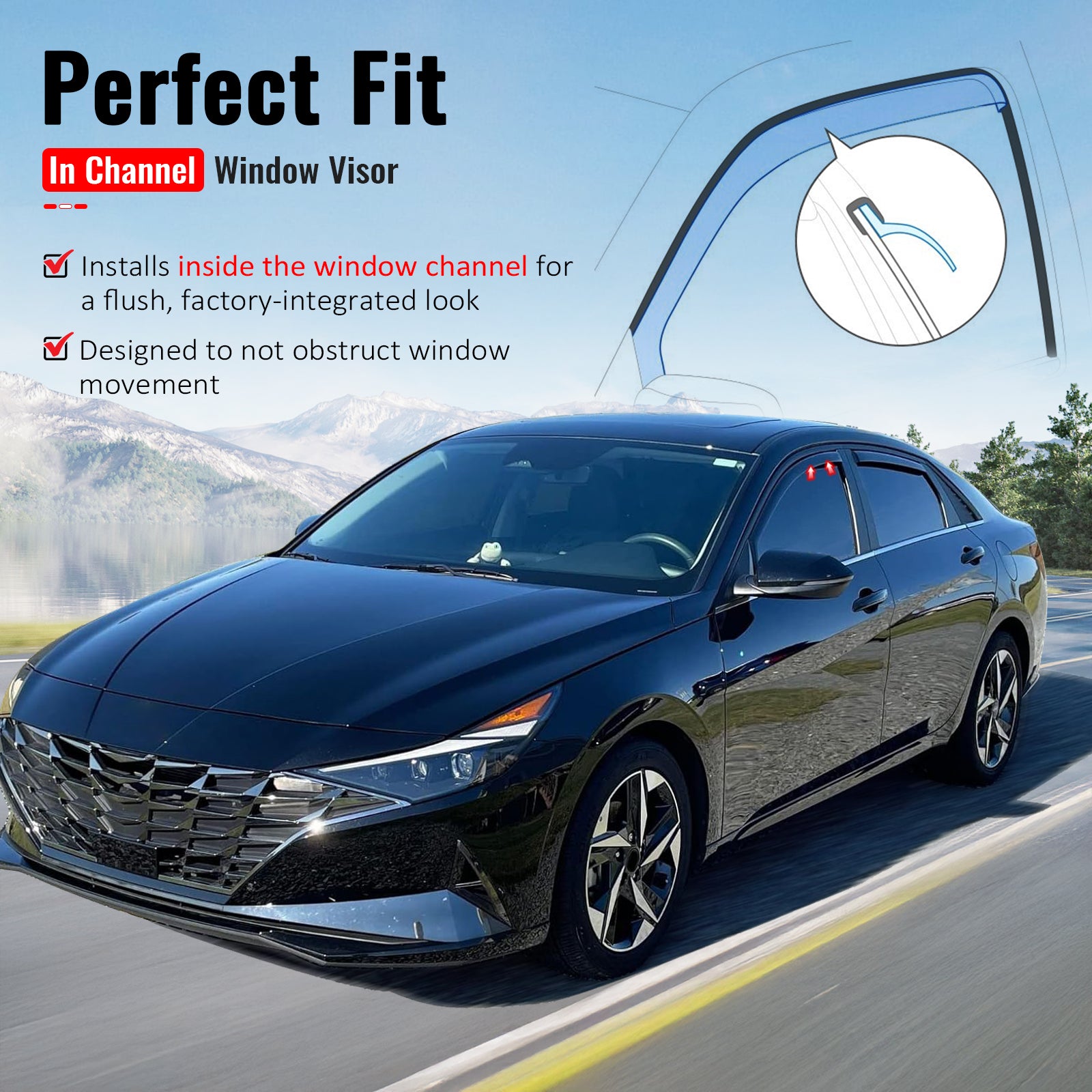 In-Channel Window Visors For Hyundai Elantra 2017-2020 - Dark Smoke, 4 Piece Set, Sun & Rain Guards