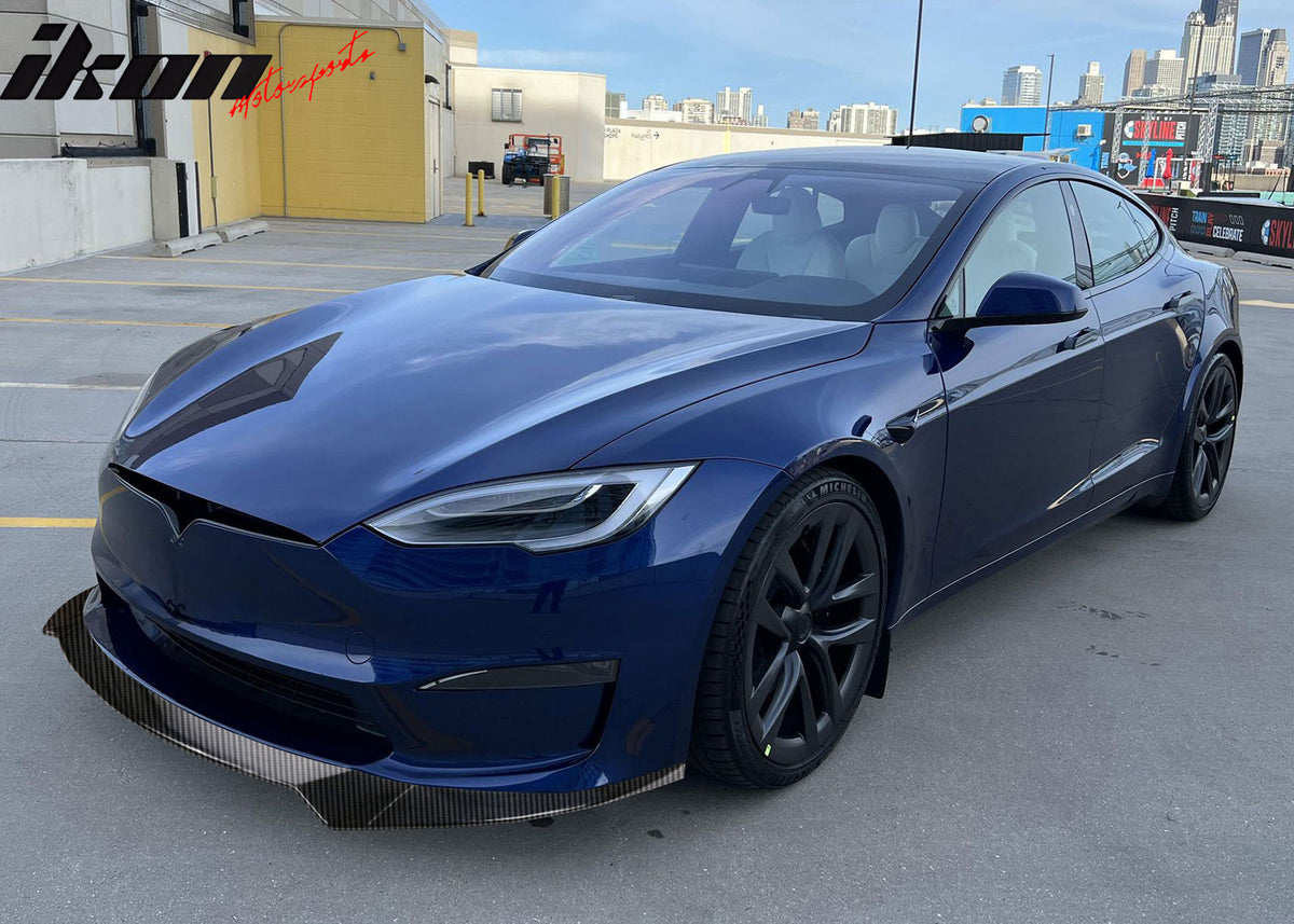 Fits 21-25 Tesla Model S Track Pack Style Front Bumper Lip Carbon Fiber Print