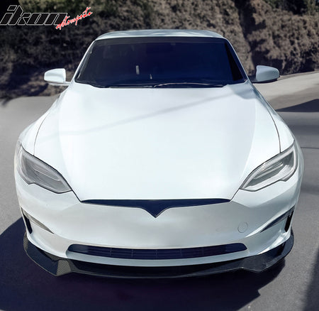 Fits 21-25 Tesla Model S Track Pack Style Front Bumper Lip Carbon Fiber Print