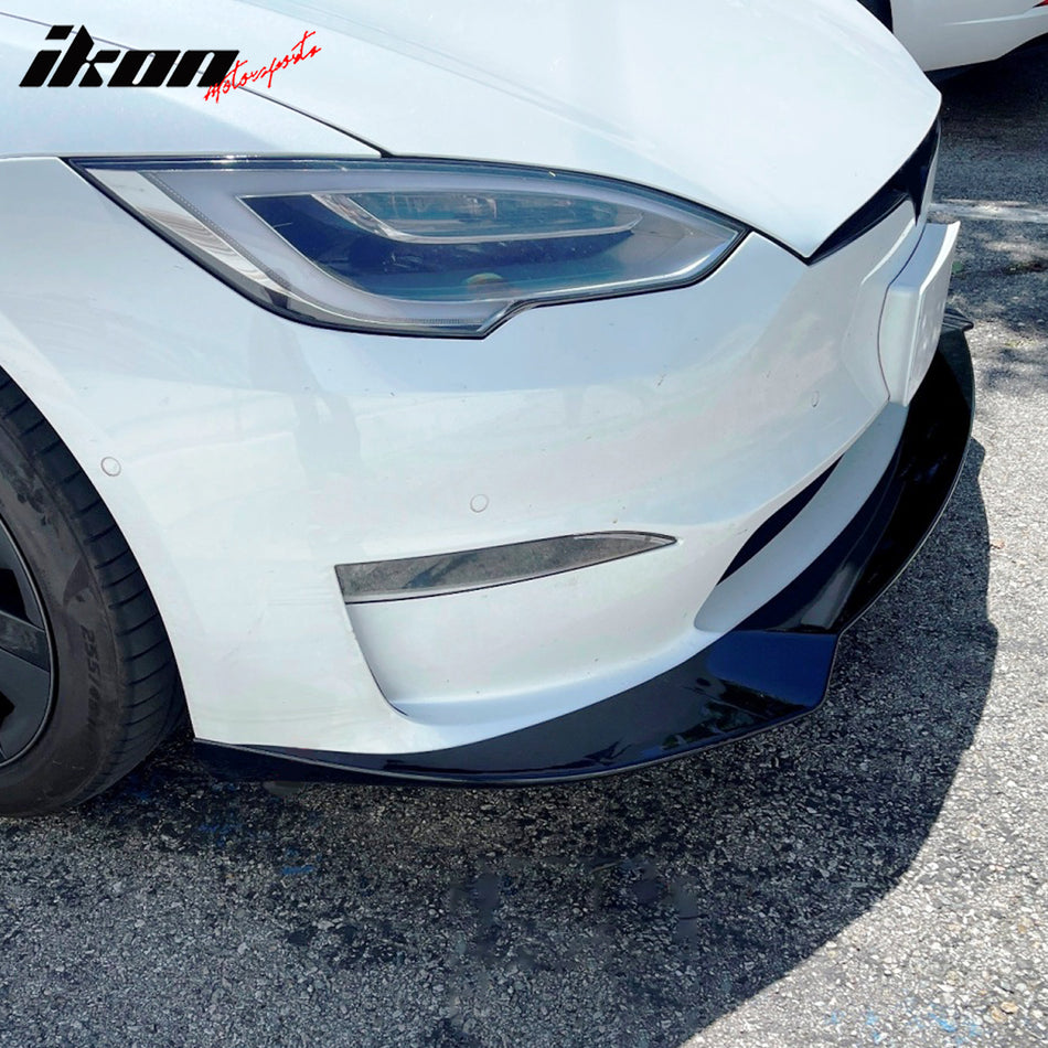 IKON MOTORSPRTS, Front Bumper Lip Compatible With 2021-2025 Tesla Model S,  Gloss Black 3PC Front Lip Spoiler Splitter PP Protector Lower Chin Diffuser, 2022
