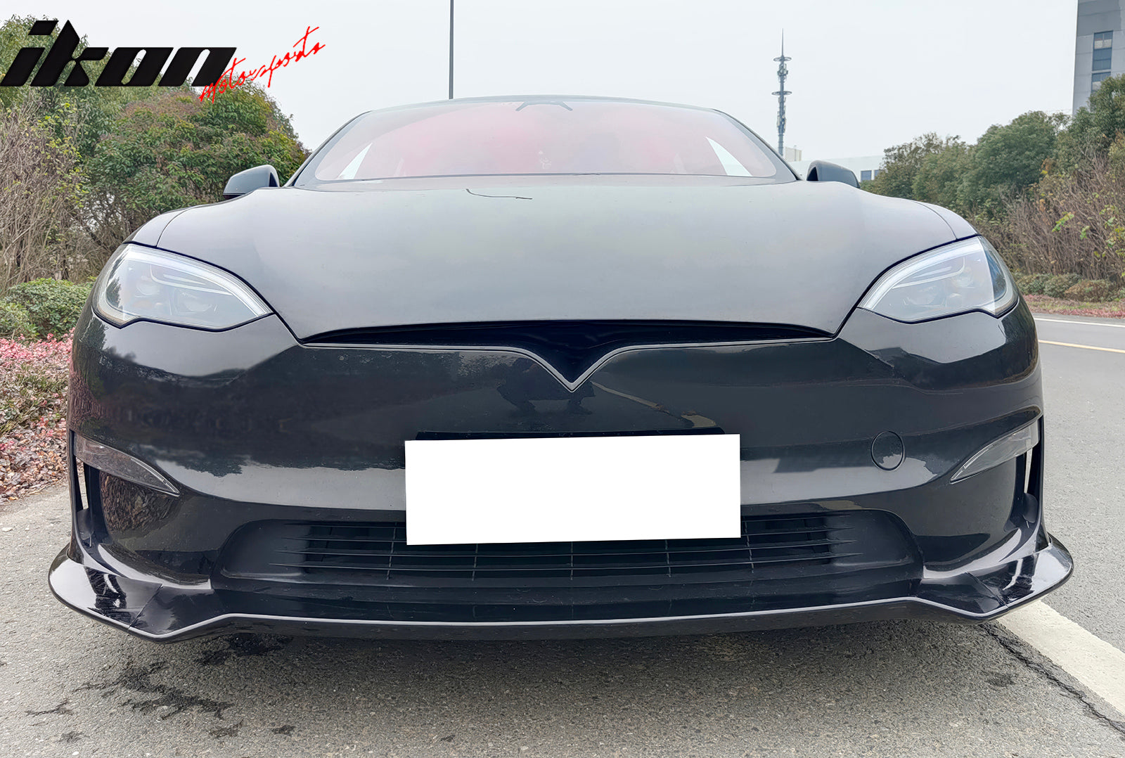 Fits 21-25 Tesla Model S Track Pack Style Front Bumper Lip Gloss Black 3PC Kit