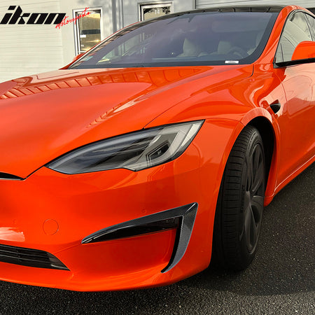 IKON MOTORSPORTS, Front Bumper Canards Splitters Compatible With 2021-2025 Tesla Model S, Gloss Black Revozport Style Real Carbon Fiber Air Dam Chin Bodykit Spoiler Splitter Valance Canards, 2022