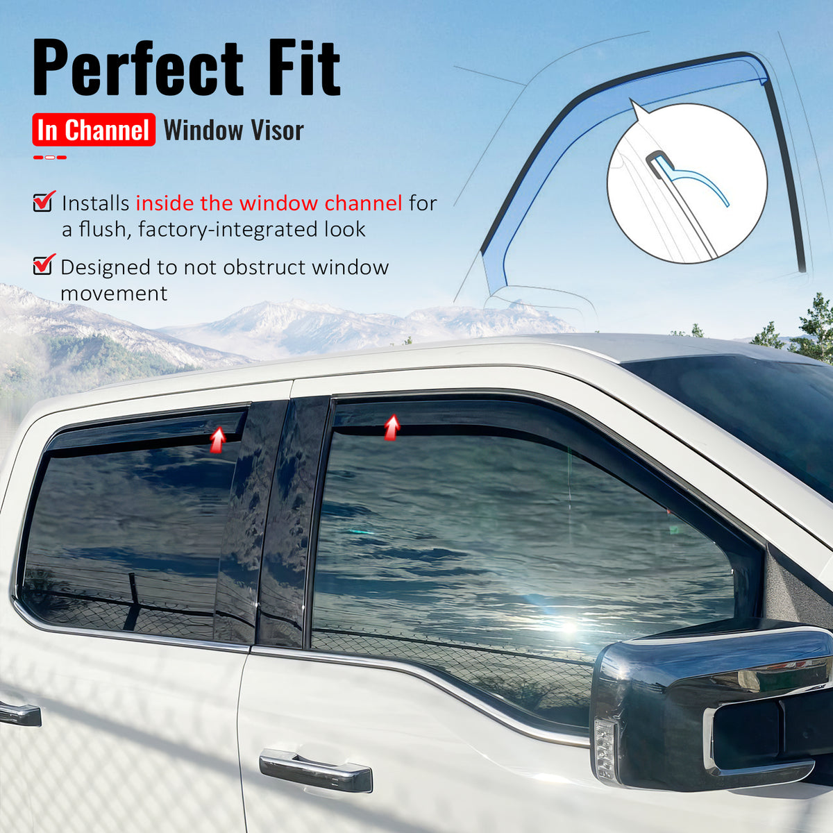 Fits 21-26 Ford F-150 & 23-26 F-250 Super Duty Crew Cab In-Channel Window Visors