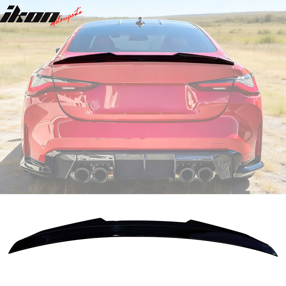 IKON MOTORSPORTS, Trunk Spoiler Compatible with 2021-2026 BMW G22 4-Series & G82 M4 Coupe, PSM Style ABS Plastic Rear Trunk Lid Spoiler Wing Lip