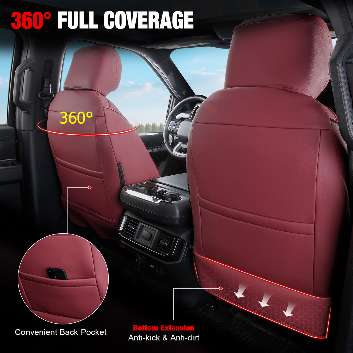 IKON MOTORSPORTS Car Seat Covers Compatible with 2021-2026 Ford F-150& 2023-2026 F-250 F-350 F-450 Crew Cab, Waterproof Easy Clean PVC Driver Seat Cushion Protector Cover (Front Row, Red)