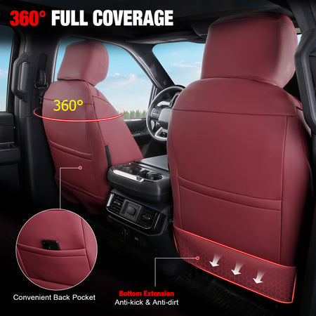 IKON MOTORSPORTS Car Seat Covers Compatible with 2021-2026 Ford F-150& 2023-2026 F-250 F-350 F-450 Crew Cab, Waterproof Easy Clean PVC Driver Seat Cushion Protector Cover (Front Row, Red)