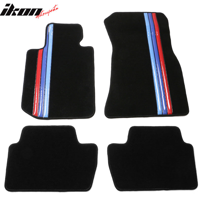 IKON MOTORSPORTS, Floor Mats Compatible With 2022-2024 BMW 2 Series 230i & M240i Coupe & G87 M2, Black With 3 Color Stripes Nylon OE Fitment Style Front & Rear Floor Mats Anti-slip Carpets 4PCS