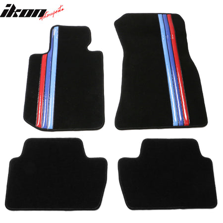 IKON MOTORSPORTS, Floor Mats Compatible With 2022-2024 BMW 2 Series 230i & M240i Coupe & G87 M2, Black With 3 Color Stripes Nylon OE Fitment Style Front & Rear Floor Mats Anti-slip Carpets 4PCS