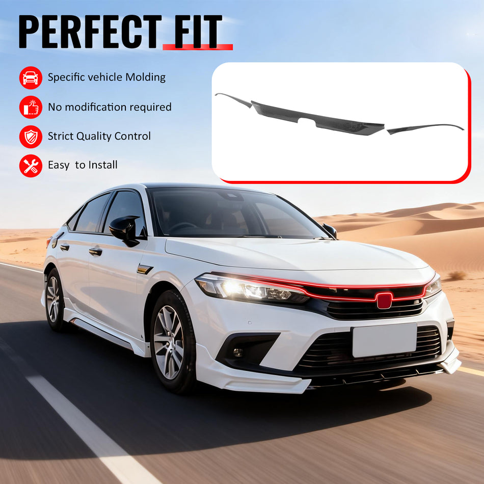 IKON MOTORSPORTS, Front Grille Trims Compatible With 2022-2024 Honda Civic Sedan (Won't Fit Si & Hatchback), OE Style Carbon Fiber Print ABS Bonnet Headlight Molding Trim 3PCS