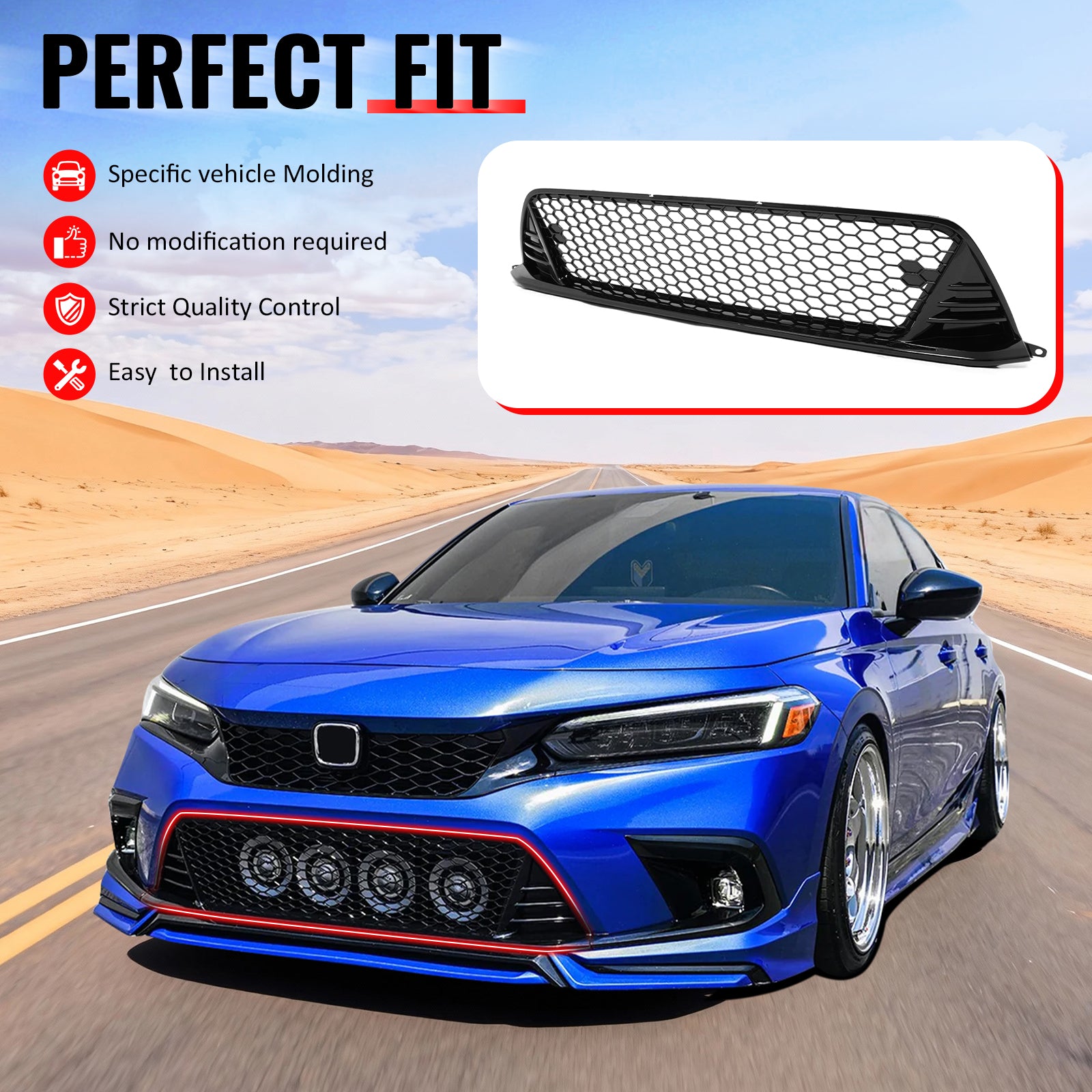 IKON MOTORSPORTS Front Lower Grille, Compatible with 2022-2024 Honda Civic 11th Gen Sedan & Hatchback, Type R TR Style Gloss Black PP Replacement Clip on Front Bumper Hood Grill 1PC
