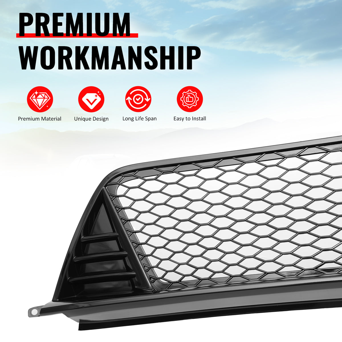 Fits 22-24 Honda Civic Type R Front Grilles Kit + ABS Foglight Bezel Gloss Black