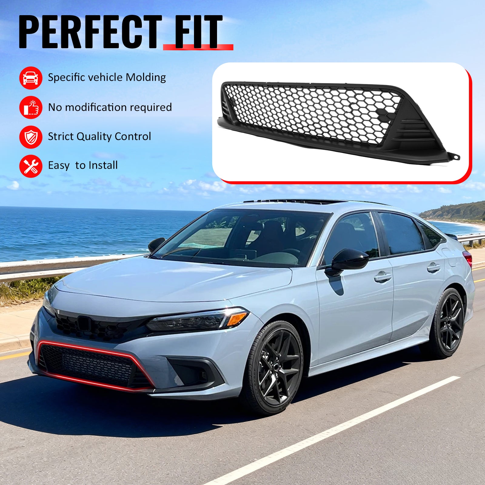 Fits 22-24 Honda Civic Type R Style Front Grille LED Foglight Bezels Matte Black