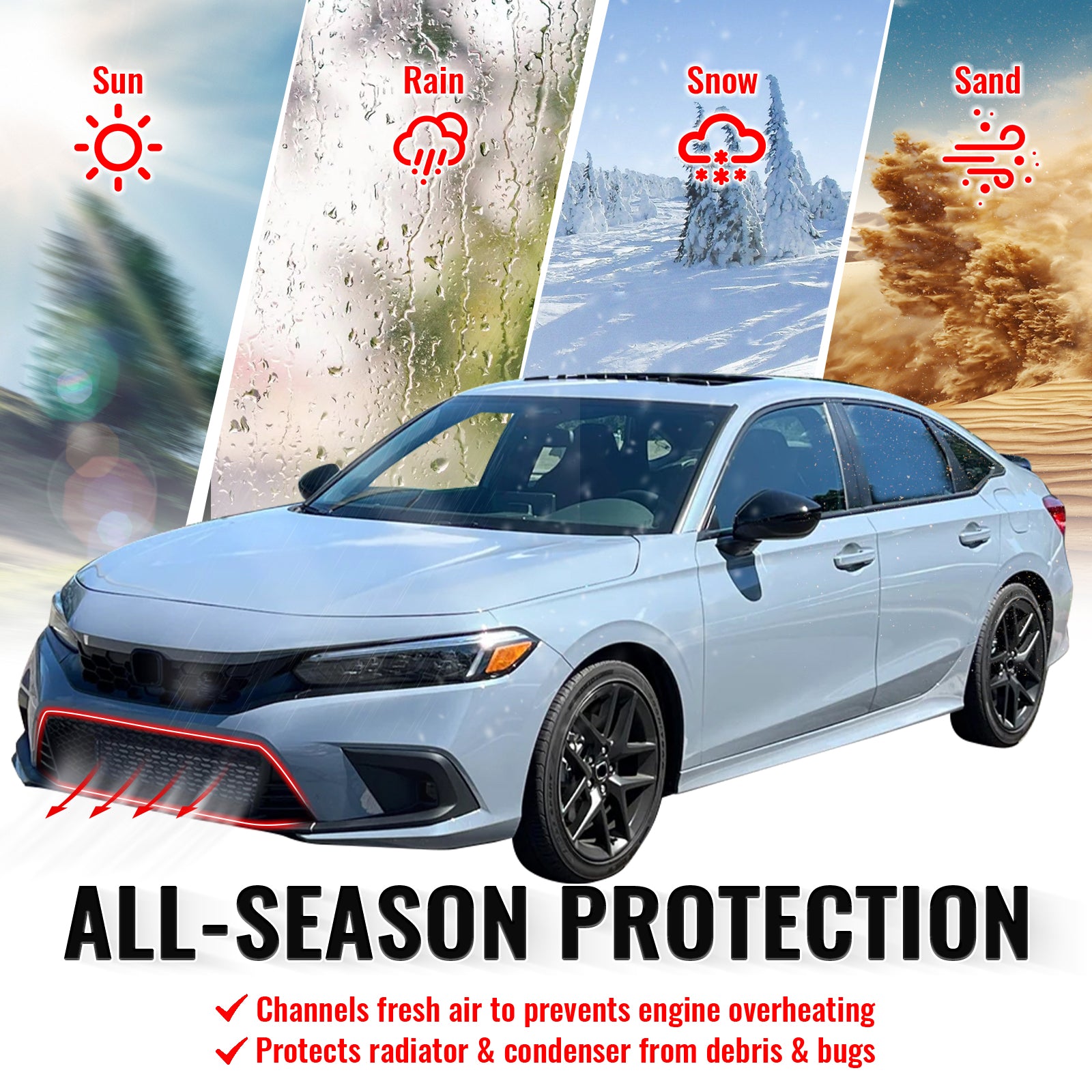 Fits 22-24 Honda Civic Type R Style Front Bumper Lower Grille PP Matte Black