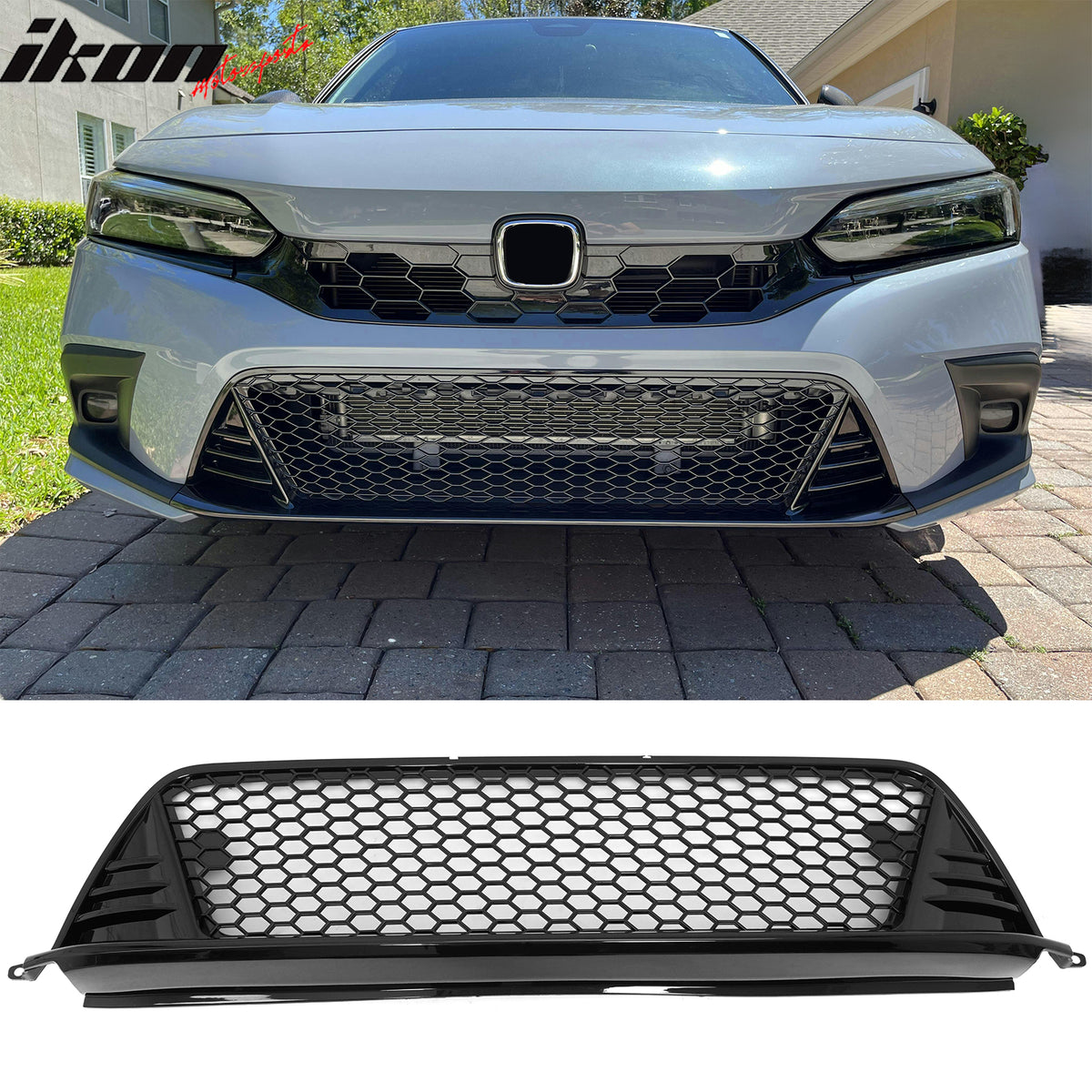 IKON MOTORSPORTS Front Grille + Foglight Bezels, Compatible with 2022-2024 Honda Civic 11th Gen Sedan Hatchback, Type R Style Gloss Black PP Clip on Front Bumper Hood Grille + ABS OE Foglight Covers