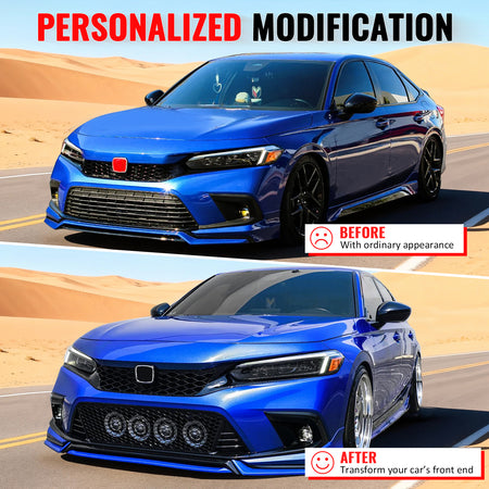 Fits 22-24 Honda Civic Type R Style Front Grille + Foglight Bezels Gloss Black