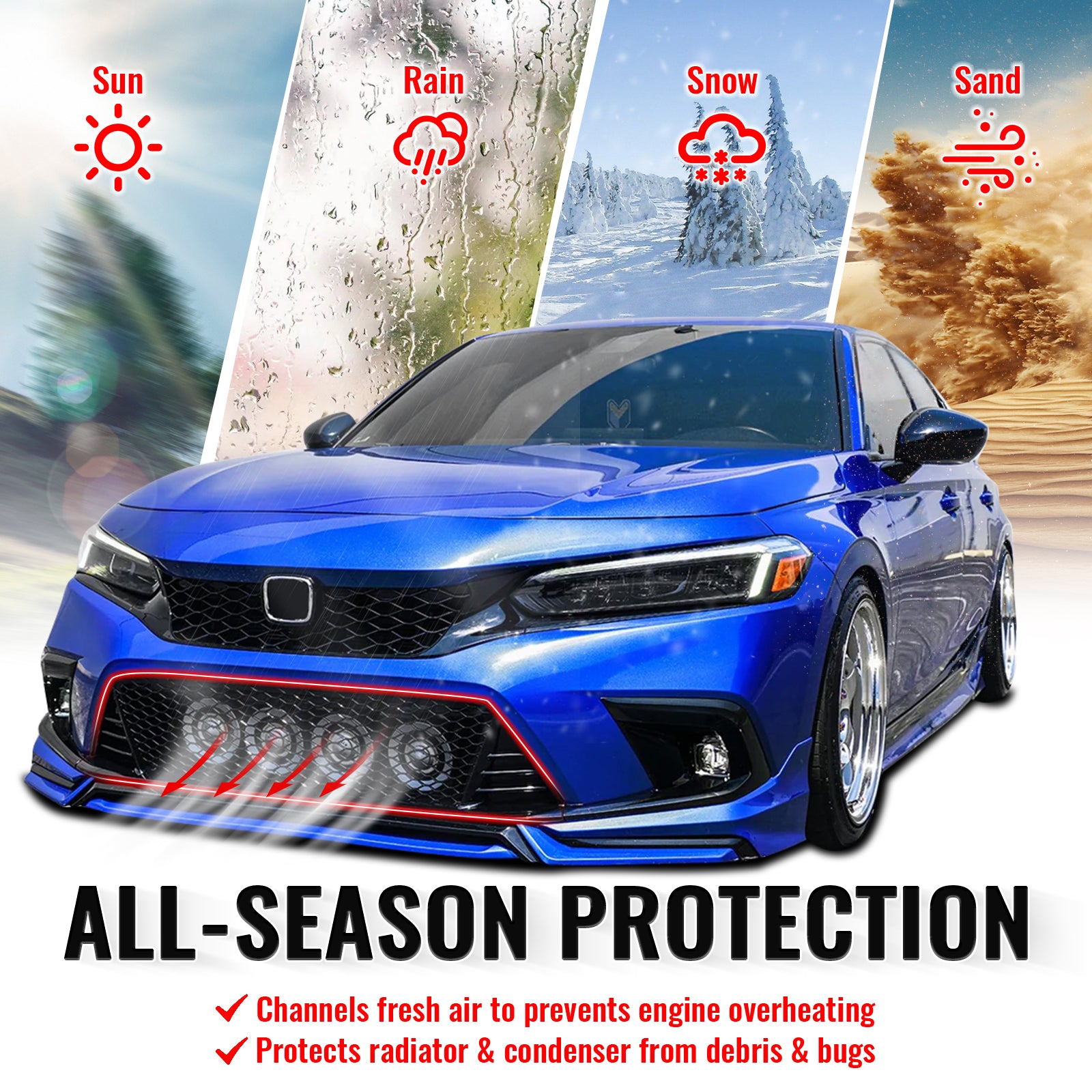 Fits 22-24 Honda Civic Type R Style Front Grille + Foglight Bezels Gloss Black