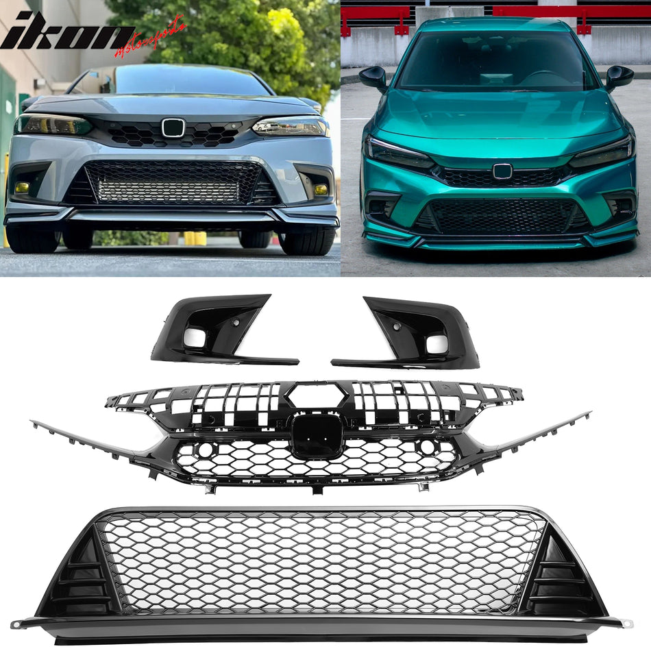 Grilles + Foglight Bezels for Honda Civic 2022-2024 Gloss Black Type R ABS