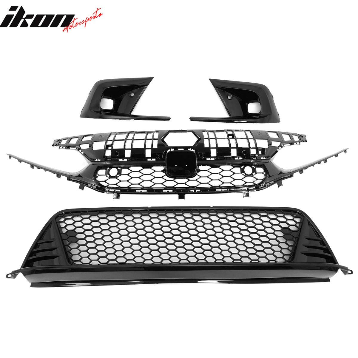 IKON MOTORSPORTS Front Upper Lower Grilles + Foglight Bezels, Compatible with 2022-2024 Honda Civic 11th Gen Sedan, Type R Style Gloss Black PP Clip on Front Bumper Hood Grilles + ABS Foglight Covers