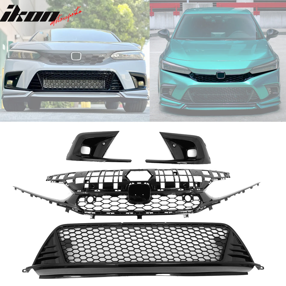 IKON MOTORSPORTS Front Upper Lower Grilles + Foglight Bezels, Compatible with 2022-2024 Honda Civic 11th Gen Sedan, Type R Style Gloss Black PP Clip on Front Bumper Hood Grilles + ABS Foglight Covers