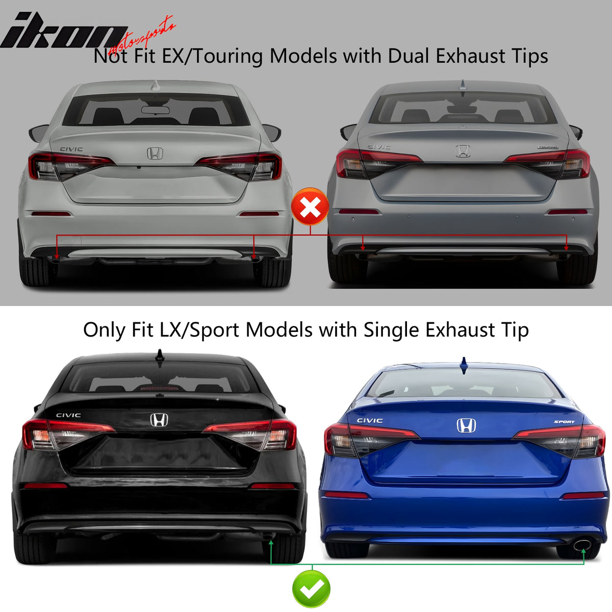 IKON MOTORSPORTS, Rear Bumper Cover Set + Exhaust Compatible With 2022-2026 Honda Civic LX / Sport Models, Type R Rear Bumper Conversion + Diffuser + Side Vents and Reflectors + Exhaust