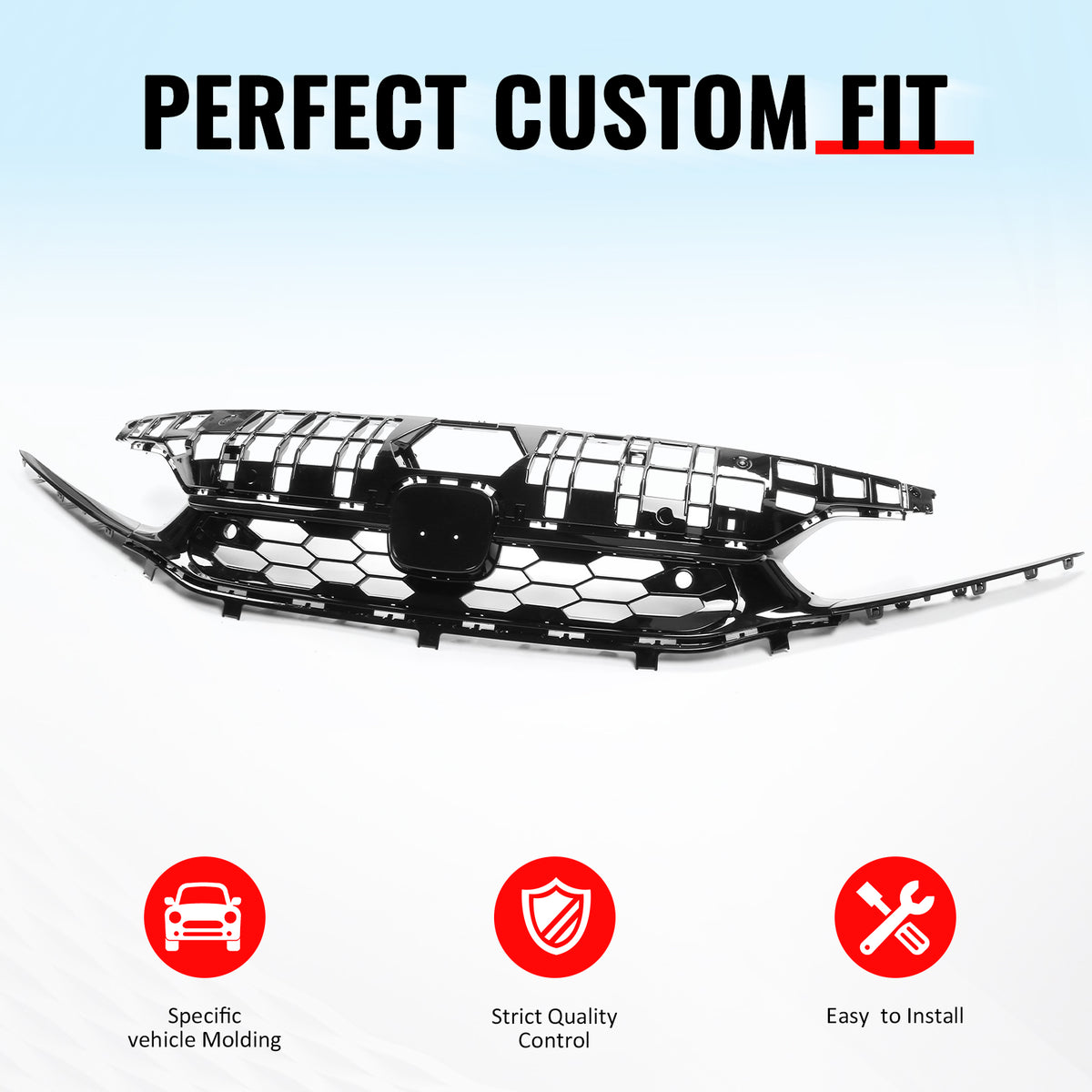IKON MOTORSPORTS, Front Upper Grille Compatible With 2022-2024 Honda Civic Sedan 4-Door, Si Style Gloss Black ABS Honeycomb Front Bumper Mesh Grill Kit