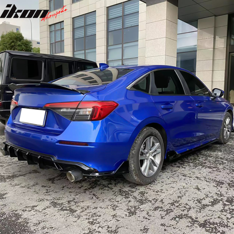 IKON MOTORSPRTS, Rear Bumper Lip Diffuser & Aprons Compatible With 2022-2026 Honda Civic 4-Door Sedan, PP Polypropylene Gloss Black FE-C Style Rear Side Corner Valance Canard Spats Add-On Guard