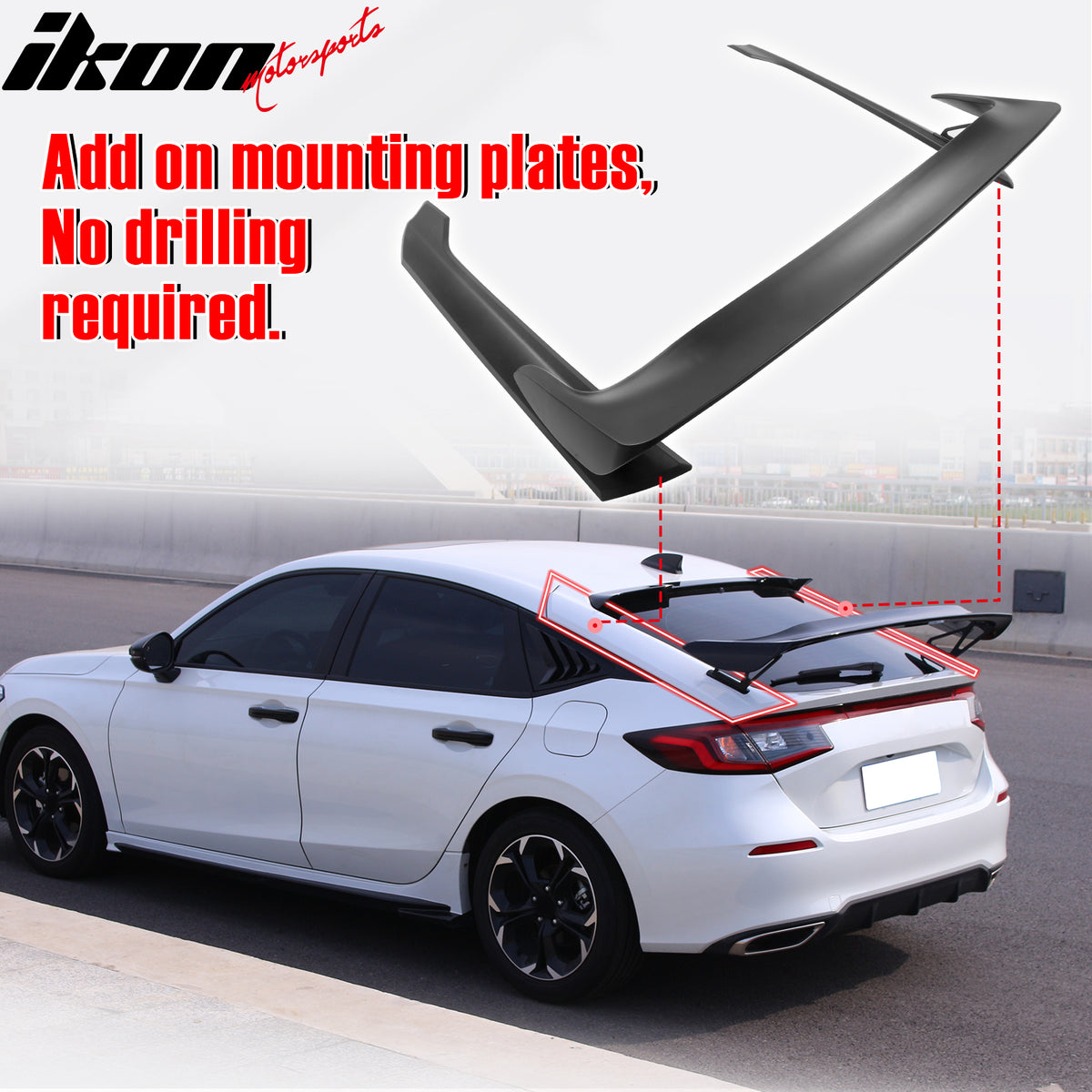 IKON MOTORSPORTS, Trunk Spoiler Compatible With 2022-2026 Honda Civic Hatchback, Type-R Style Primer Black ABS Plastic Rear Trunk Lid Spoiler Wing Lip With Mounting Plates