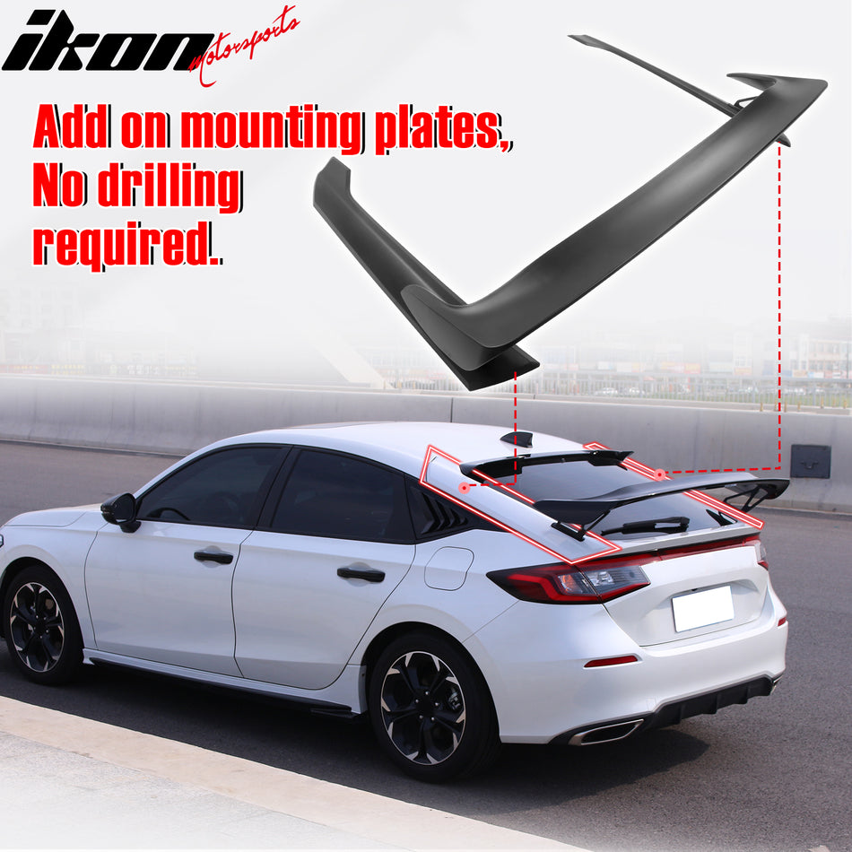 IKON MOTORSPORTS, Trunk Spoiler Compatible With 2022-2026 Honda Civic Hatchback, Type-R Style Primer Black ABS Plastic Rear Trunk Lid Spoiler Wing Lip With Mounting Plates