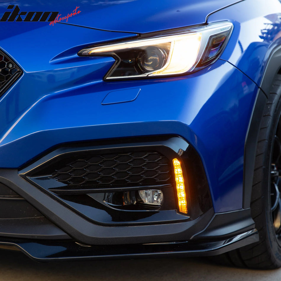IKON MOTORSPORTS Fog Light Cover / Trim, Compatible with 2022-2025 Subaru WRX VB, OE Style Black PP Fog Lamp Decoration Bezel W/LED Yellow Turn Signal + White DRL Daytime Running Light, 1 Pair
