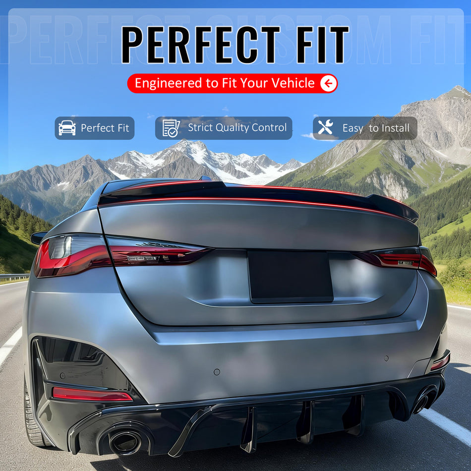 IKON MOTORSPORTS, Trunk Spoiler Compatible with 2022-2025 BMW G26 4-Series Gran Coupe & i4, Carbon Fiber Print M4 Style ABS Plastic Rear Trunk Lid Spoiler Wing Lip