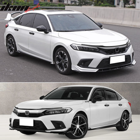 IKON MOTORSPORTS, Front Grille Trims Compatible With 2022-2026 Honda Civic Sedan & Hatchback 4-Door, MD Style Carbon Fiber Print CFL ABS Bonnet Headlight Molding Trim 3PCS