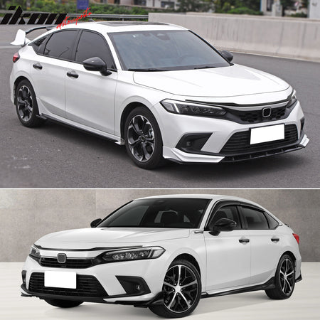 IKON MOTORSPORTS, Front Grille Trims Compatible With 2022-2026 Honda Civic Sedan & Hatchback 4-Door, MD Style Painted Gloss Black ABS Bonnet Headlight Molding Trim 3PCS