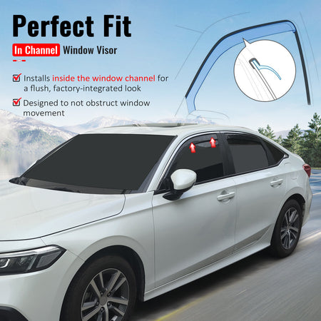 IKON MOTORSPORTS In Channel Window Visors Compatible with 2022-2026 Honda Civic Sedan 4-Door, In Channel Style Injection PC Black Rain Guards, Side Window Wind Deflectors 4PCS