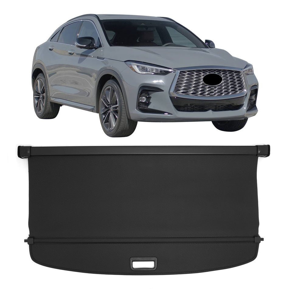 IKON MOTORSPORTS, Rear Retractable Cargo Cover, Compatible with 2022-2025 INFINITI QX55, ABS Aluminum Vinyl Trunk Security Luggage Shield Shade, Carbon Fiber Texture