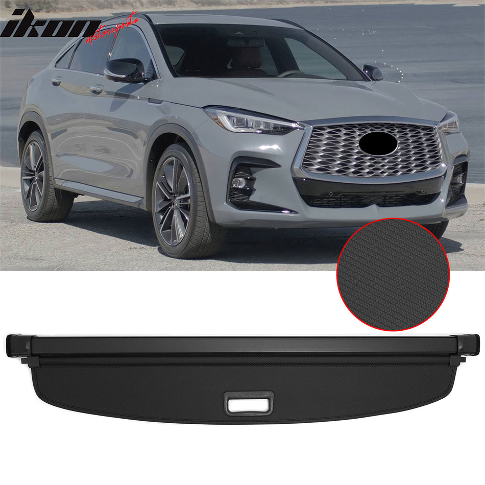 IKON MOTORSPORTS, Rear Retractable Cargo Cover + 3D TPE Backrest + Trunk Mat, Compatible with 2022-2025 INFINITI QX55, ABS Aluminum Vinyl Trunk Security Luggage Shield Shade, Carbon Fiber Texture
