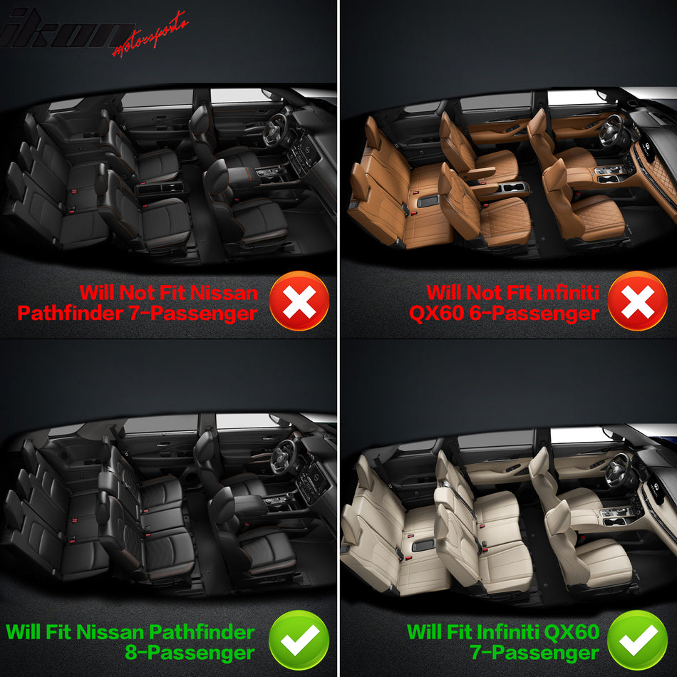IKON MOTORSPORTS 3D TPE Floor Mats, Compatible with 2022-2025 Infiniti QX60 7 Passenger & Nissan Pathfinder 8 Passenger, All Weather Waterproof Anti-Slip Floor Liners, Front & 2nd Row Full Set, Black