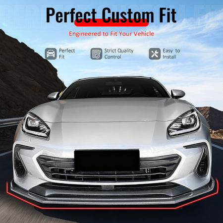 IKON MOTORSPORTS Front Bumper Lip, Compatible with 2022-2025 Subaru BRZ, IKV2 Style Carbon Fiber Print PP Injection Added-on Air Dam Chin Spoiler Protector Splitter 3PCS