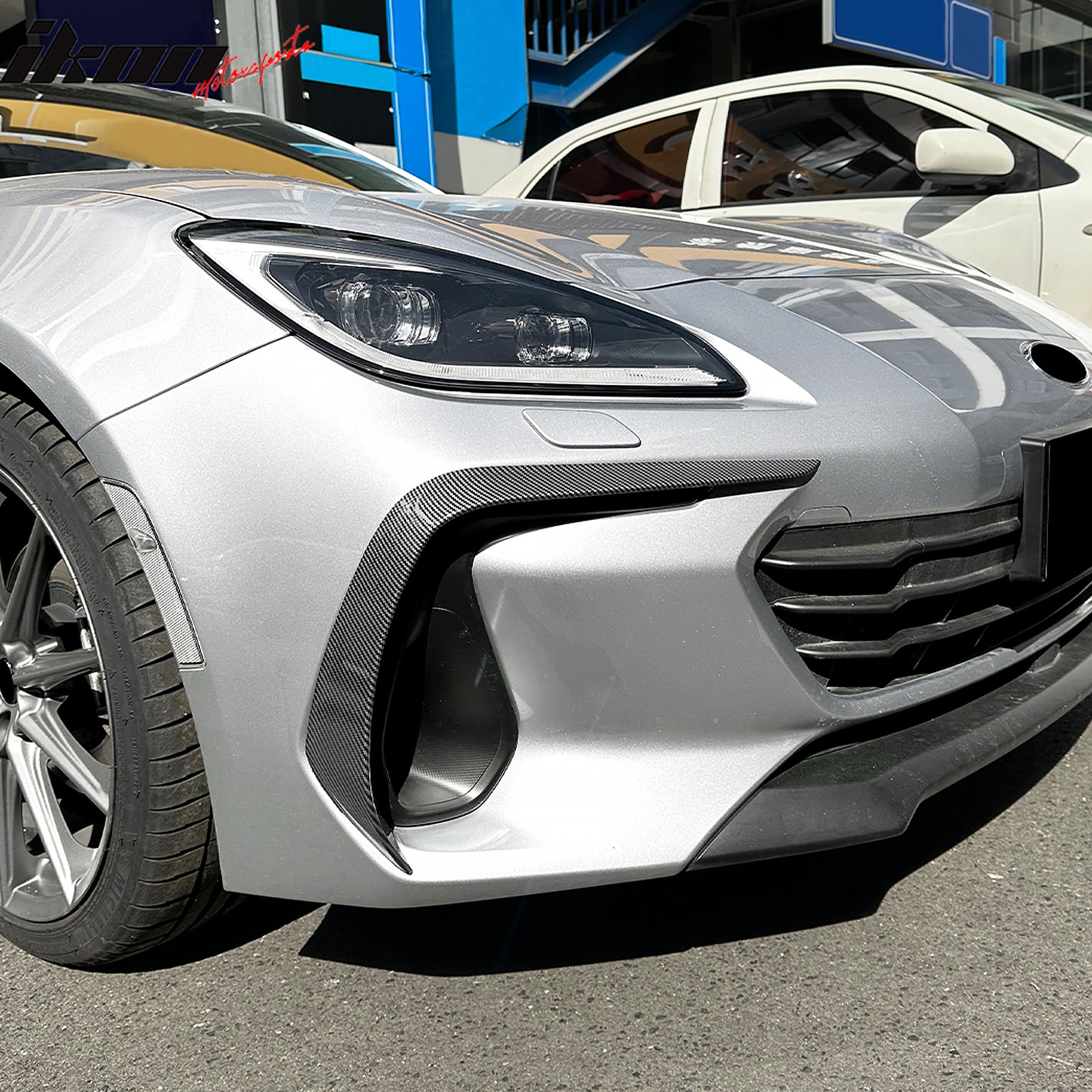 IKON MOTORSPORTS, Front Canards Replacement Compatible With 2022-2025 Subaru BRZ, IKON Style Carbon Fiber Print ABS Plastic Front Bumper Side Canards Dive Planes Fin 2PCS