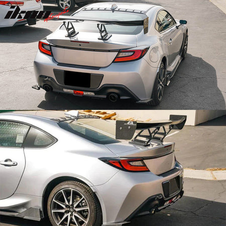 IKON MOTORSPORTS, Roof Spoiler Compatible With 2022-2026 Subaru BRZ and Toyota GR86, Unpainted Black ABS Plastic Rear Top Window Visor Trim Shark Fins Vortex Generator