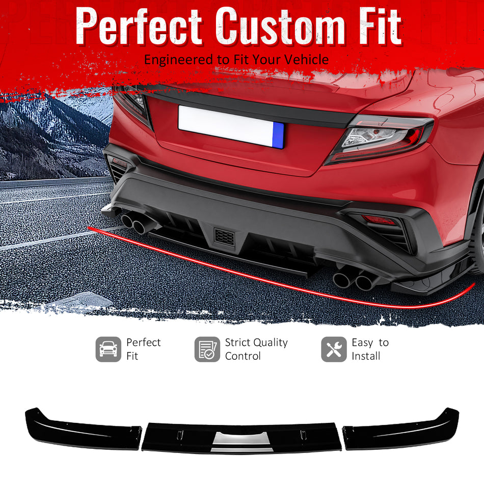 IKON MOTORSPORTS Rear Bumper Lip, Compatible with 2022-2026 Subaru WRX All Models, STI Style Gloss Black ABS Shark Fin Rear Lower Spoiler Air Dam Chin Valance Splitter 3PCS