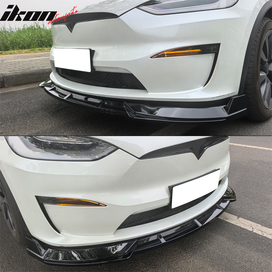 IKON MOTORSPORTS Front Bumper Lip, Compatible with 2022-2025 Tesla Model X, IKON Style Gloss Black PP Polypropylene Air Dam Chin Spoiler Protector Splitter 3PCS