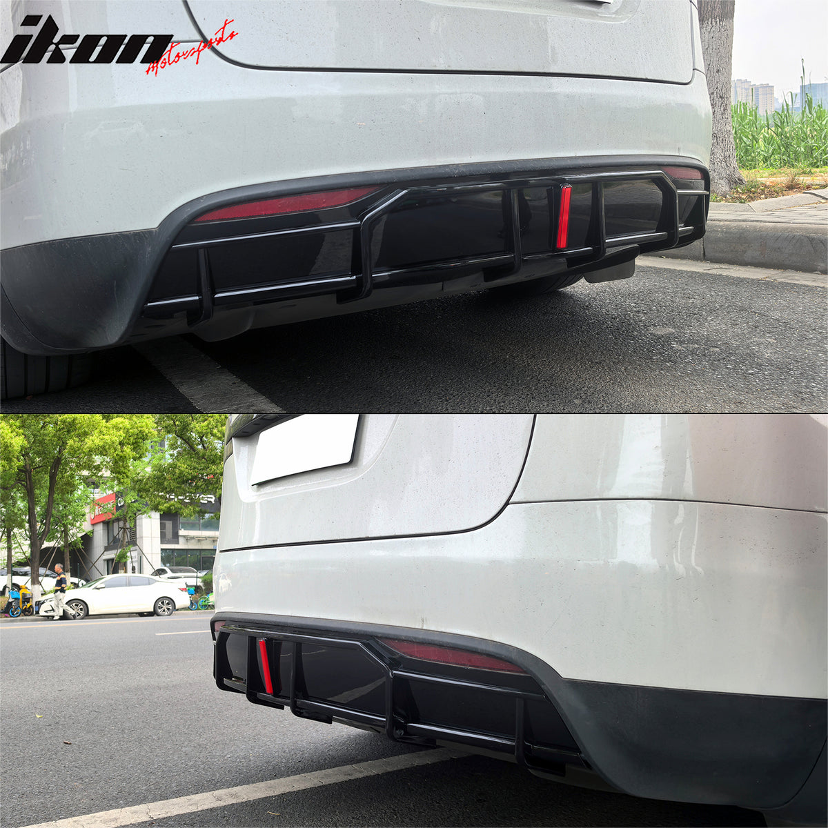 IKON MOTORSPORTS Rear Diffuser W/LED, Compatible with 2022-2025 Tesla Model X, IKON Style Gloss Black PP Polypropylene Shark Fin Rear Bumper Valance Spoiler, Air Dam Chin Splitter Molding