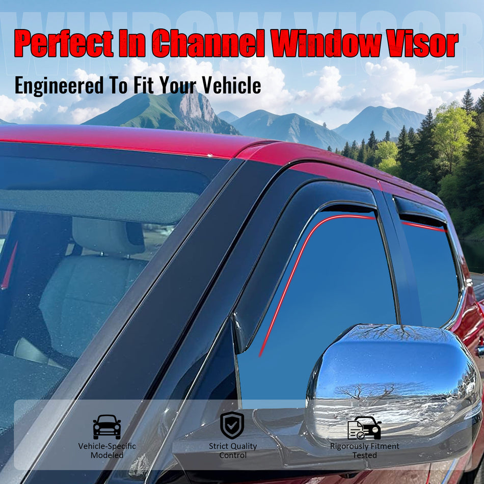 IKON MOTORSPORTS In Channel Window Visors Compatible with 2022-2026 Toyota Tundra Crew Cab, Slim Style Acrylic Smoke Rain Guards, Side Window Wind Deflectors 4PCS