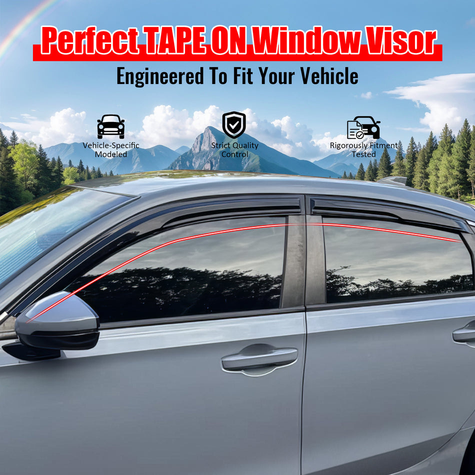 IKON MOTORSPORTS Tape on Window Visors Compatible with 2022-2026 Honda Civic Hatchback, Mugen Style Acrylic Black Rain Guards, Side Window Wind Deflectors 4PCS