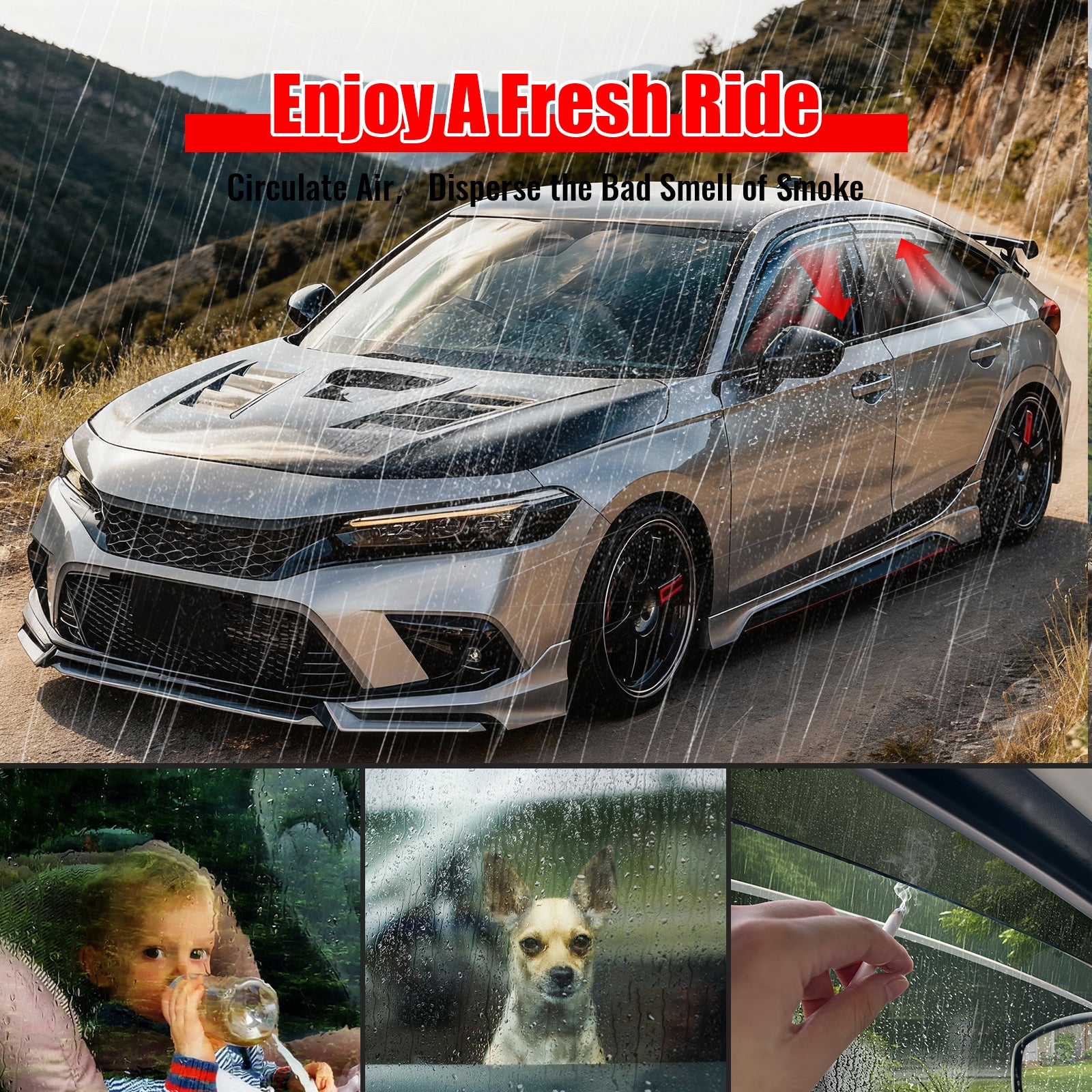 Fits 22-26 Honda Civic Hatchback Window Visors Mugen Style Rain Guard Deflector